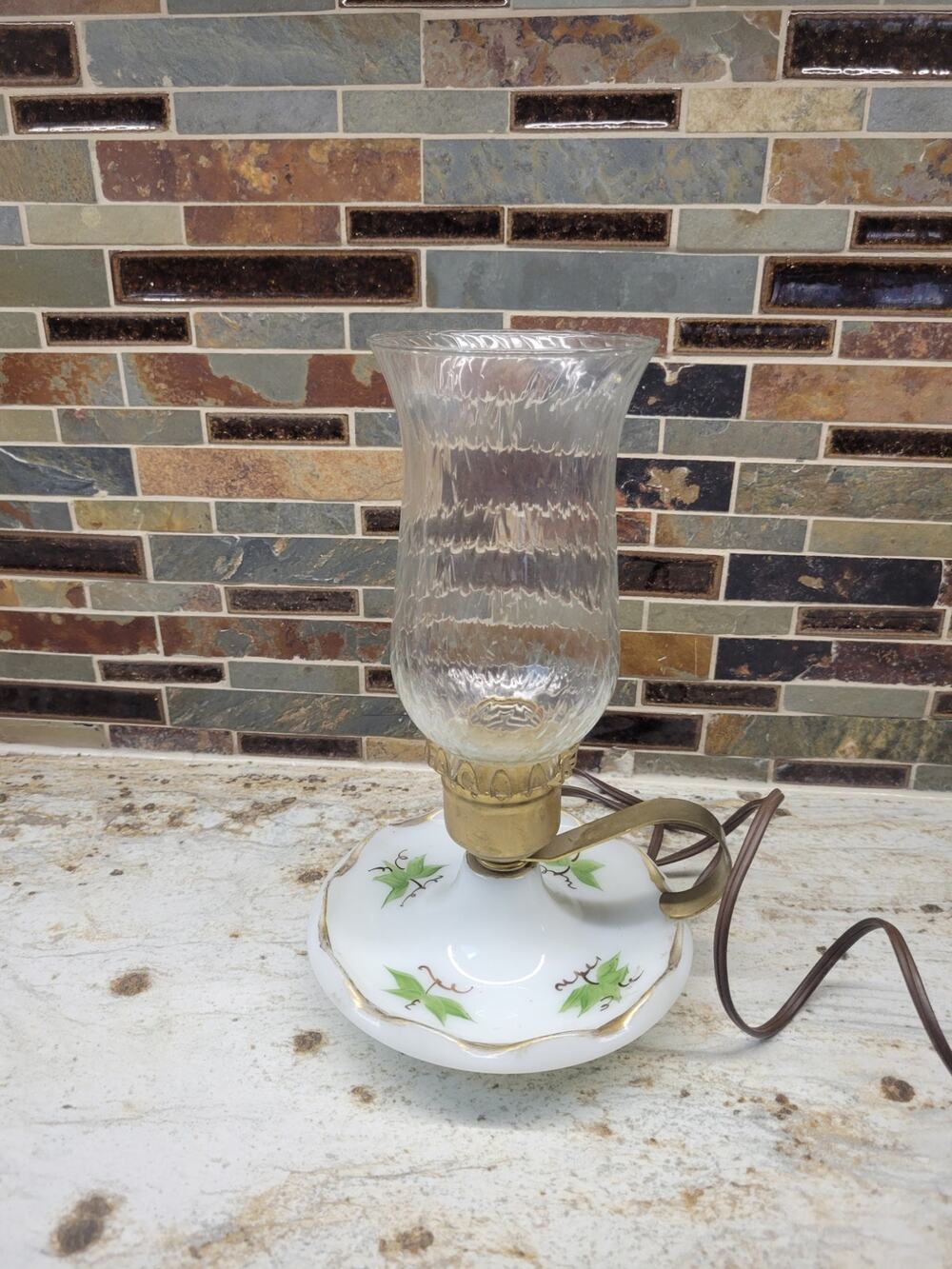 Vintage Porcelain Saucer Vanity Lamp Hand Painted Green Ivy Electric Hurricane